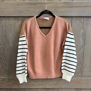 Vestique Coral Pink and Tan V-Neck Sweater with Striped Sleeves